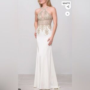 JVN by jovani Silver and Gold Embellished Halter Gown cream size 2